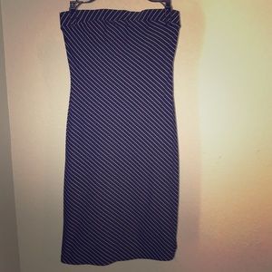 Black white strapless dress mid length pin stripe